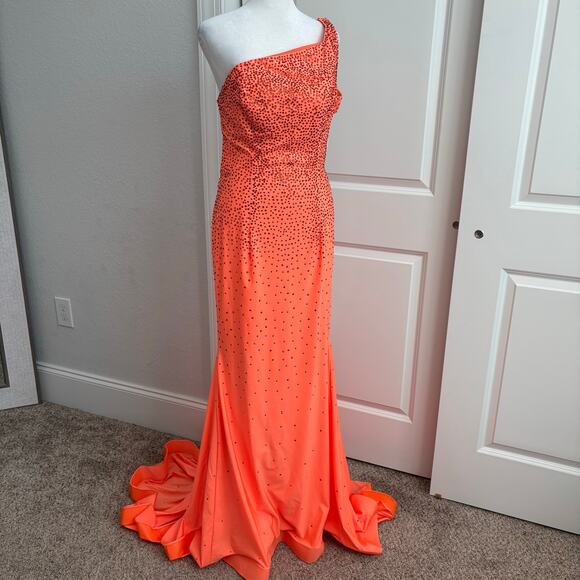 Panoply Orange Fitted Beaded Spandex One Shoulder Gown Prom Formal 10 - Picture 3 of 16